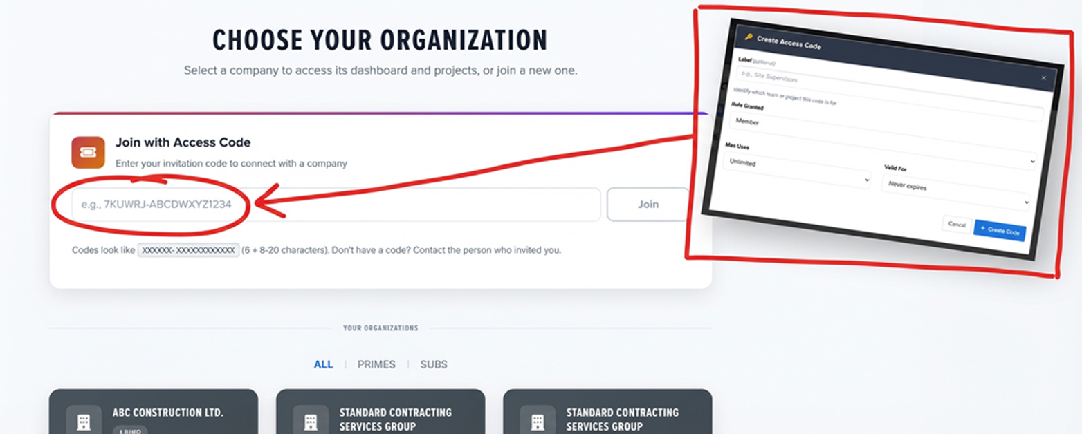 Create Access Code modal showing role-based permissions