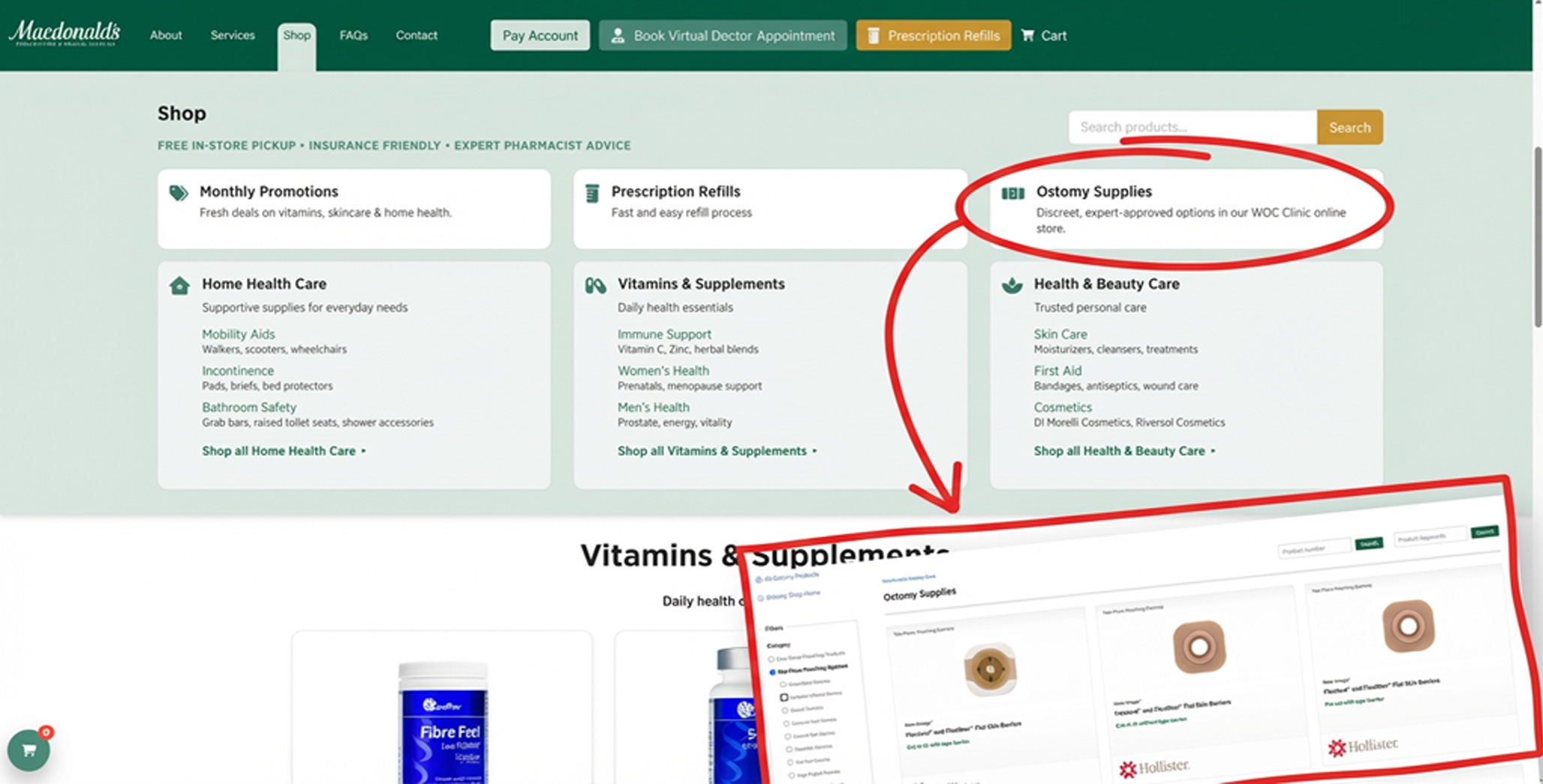 Quick access to a multi-department medical inventory. WOC Clinic Ostomy Supplies page inset with category filters and products.