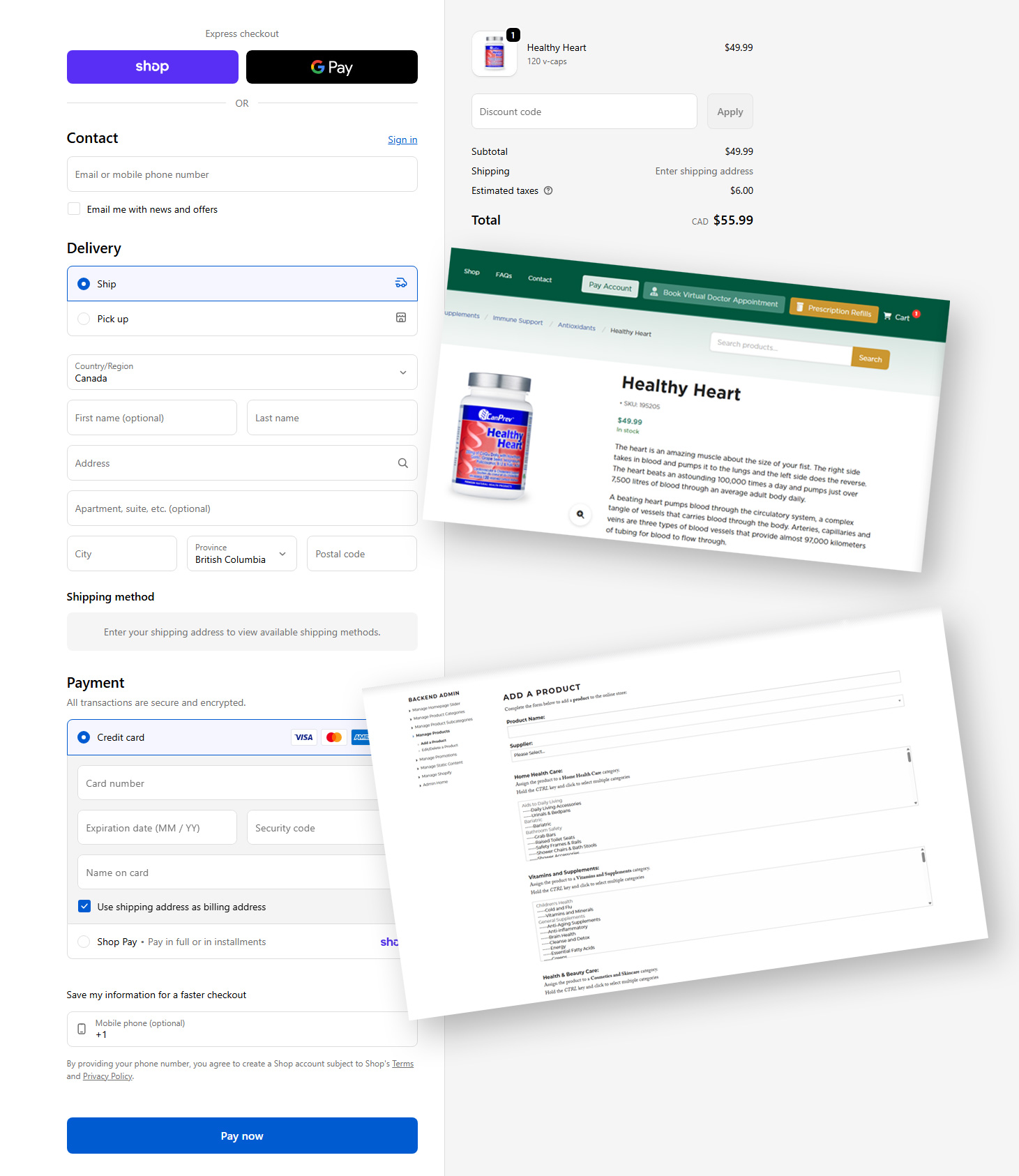 Shopify checkout, custom product details page, and custom backend manager.