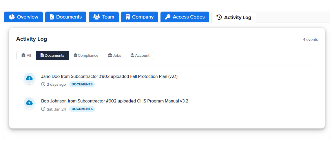 Activity Log showing document uploads, questionnaire approvals, and subcontractor assignments with timeline