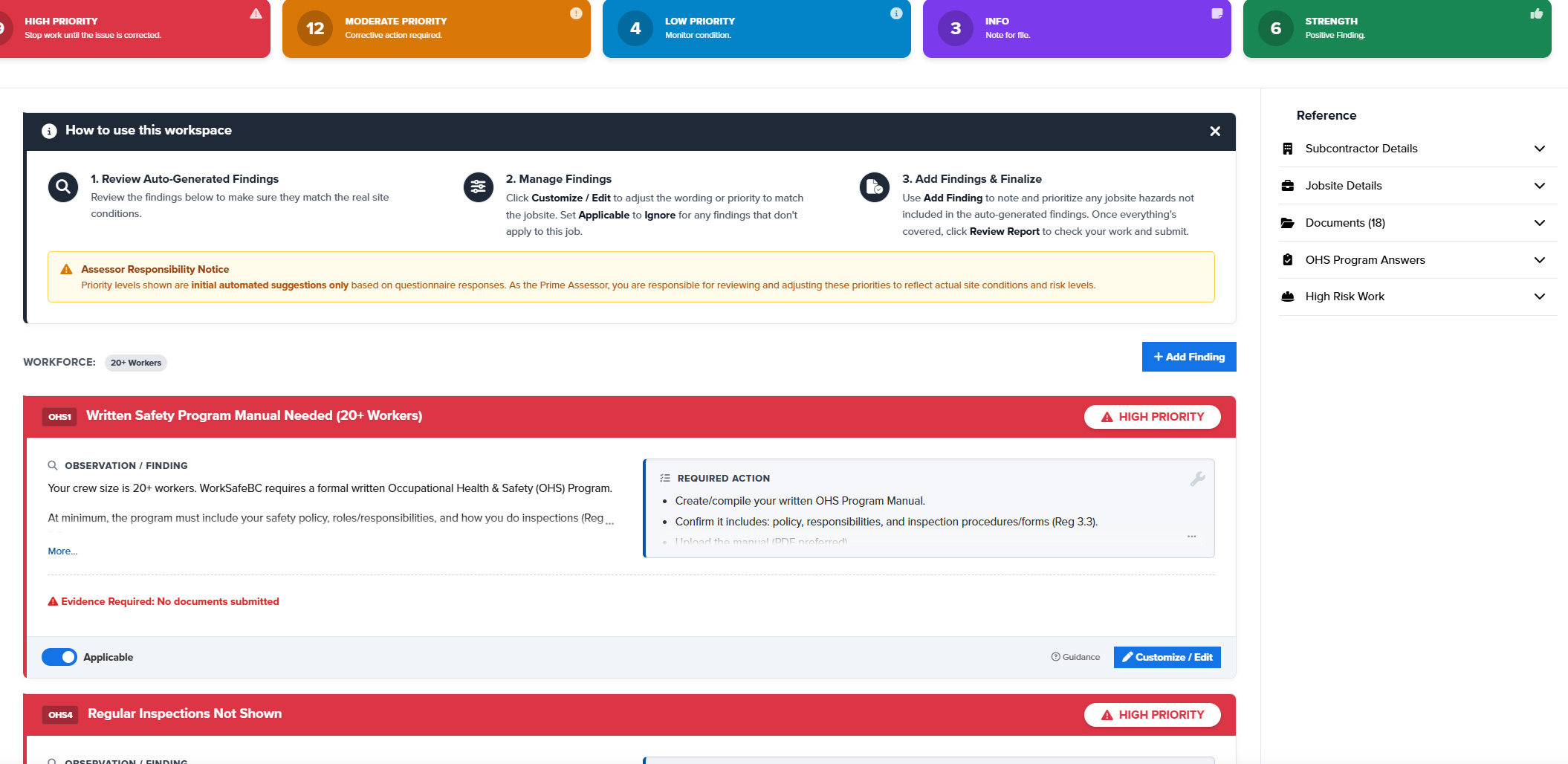 Traffic Light priority system showing HIGH PRIORITY findings with observations and required actions